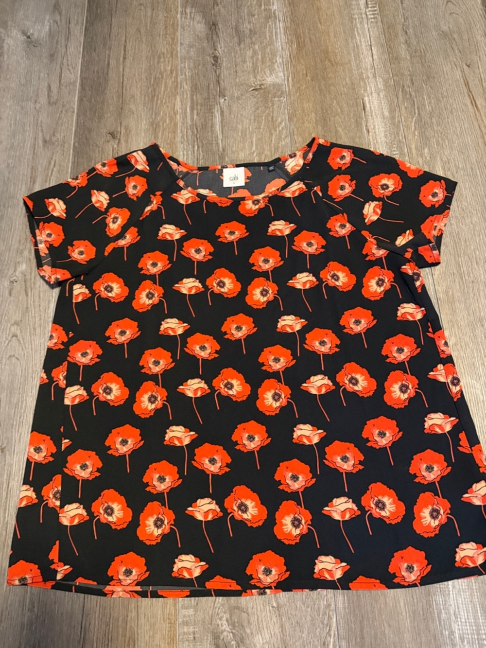 CAbi Flanders Poppy Print Split Back Top.